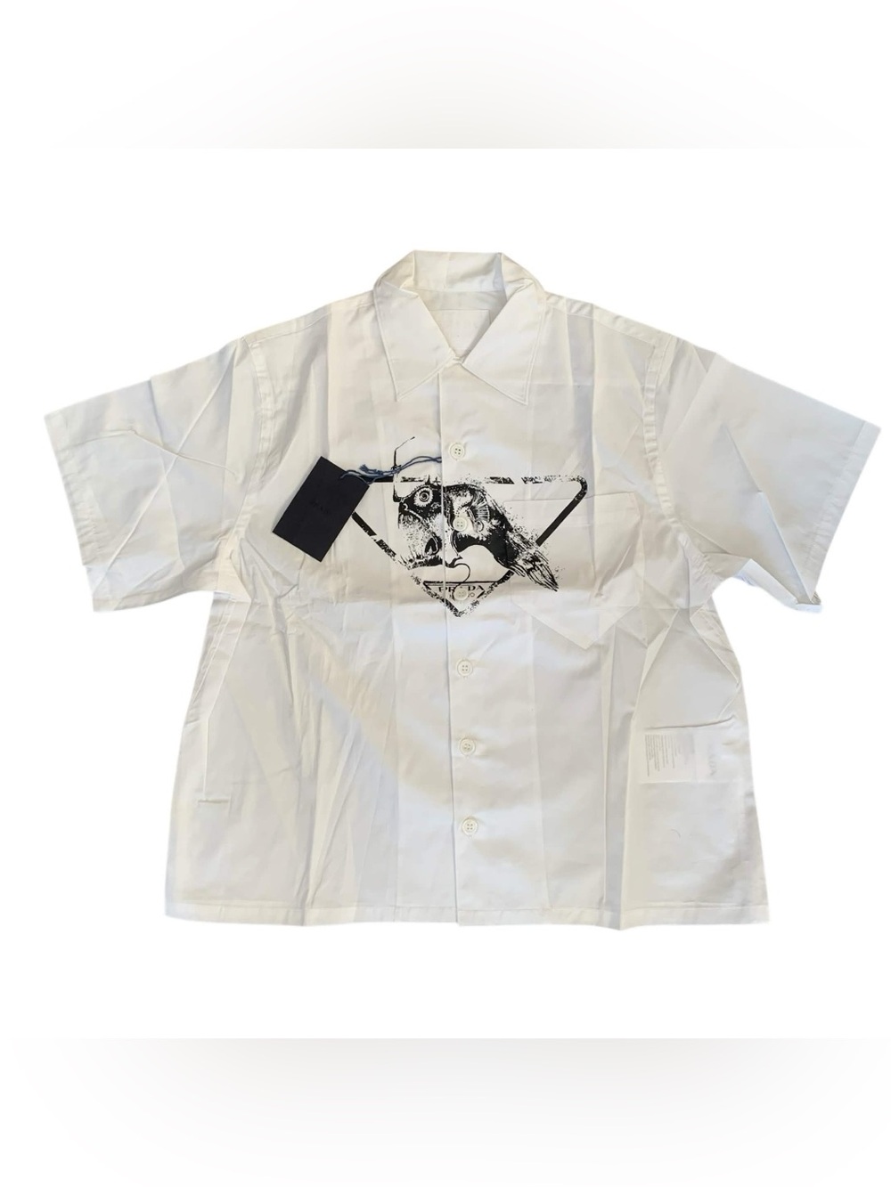 Prada White Short-Sleeve Button-Up Shirt with Black Graphic